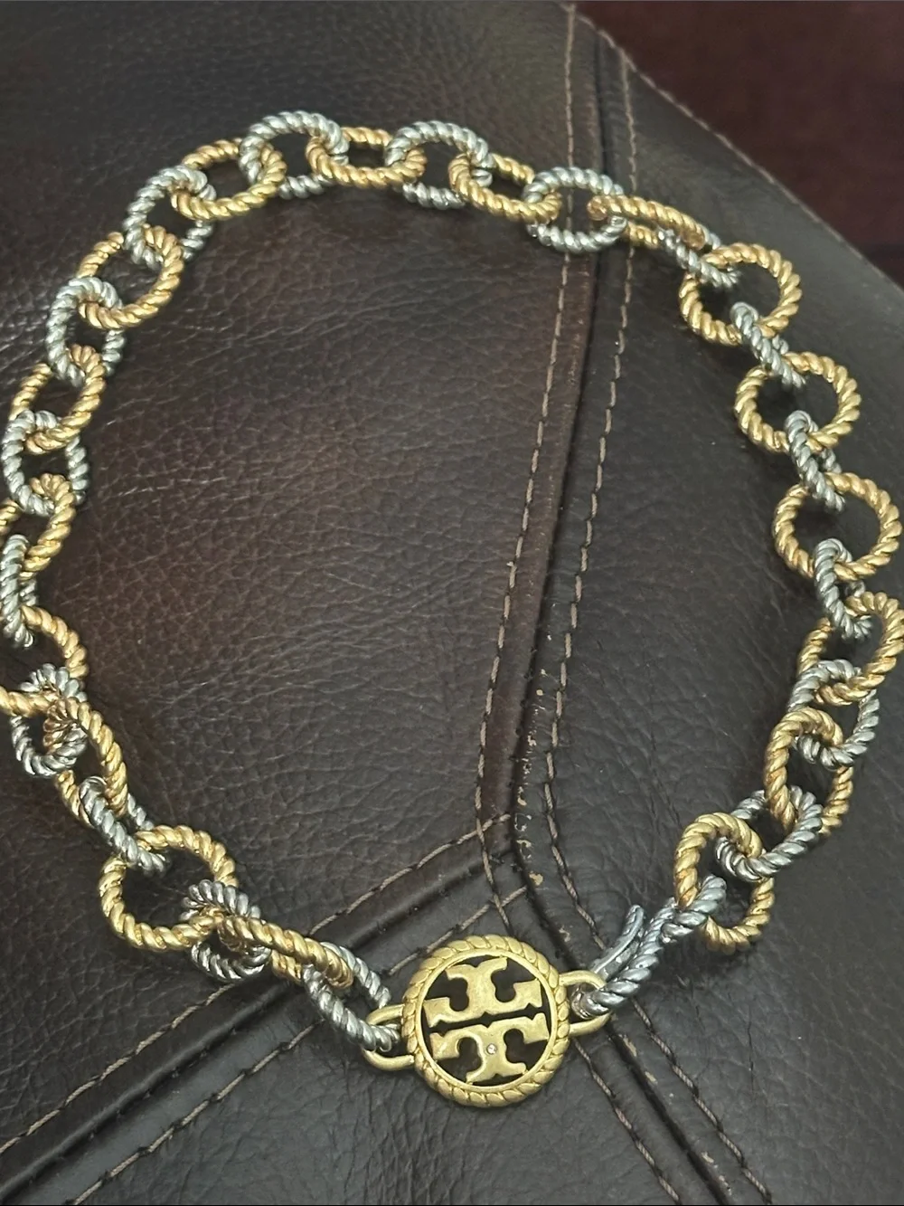 Tory Burch Two-Tone Gold and Silver Rope Link Necklace with Logo Medallion